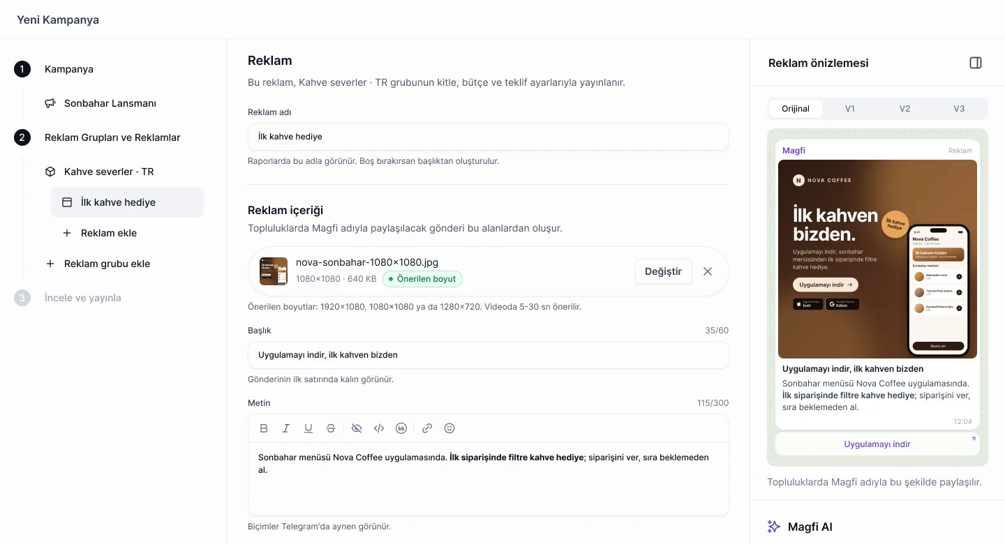 Editorul de reclame din Magfi Ads cu încărcare de imagine, titlu, text formatat și previzualizarea live a postării pe Telegram