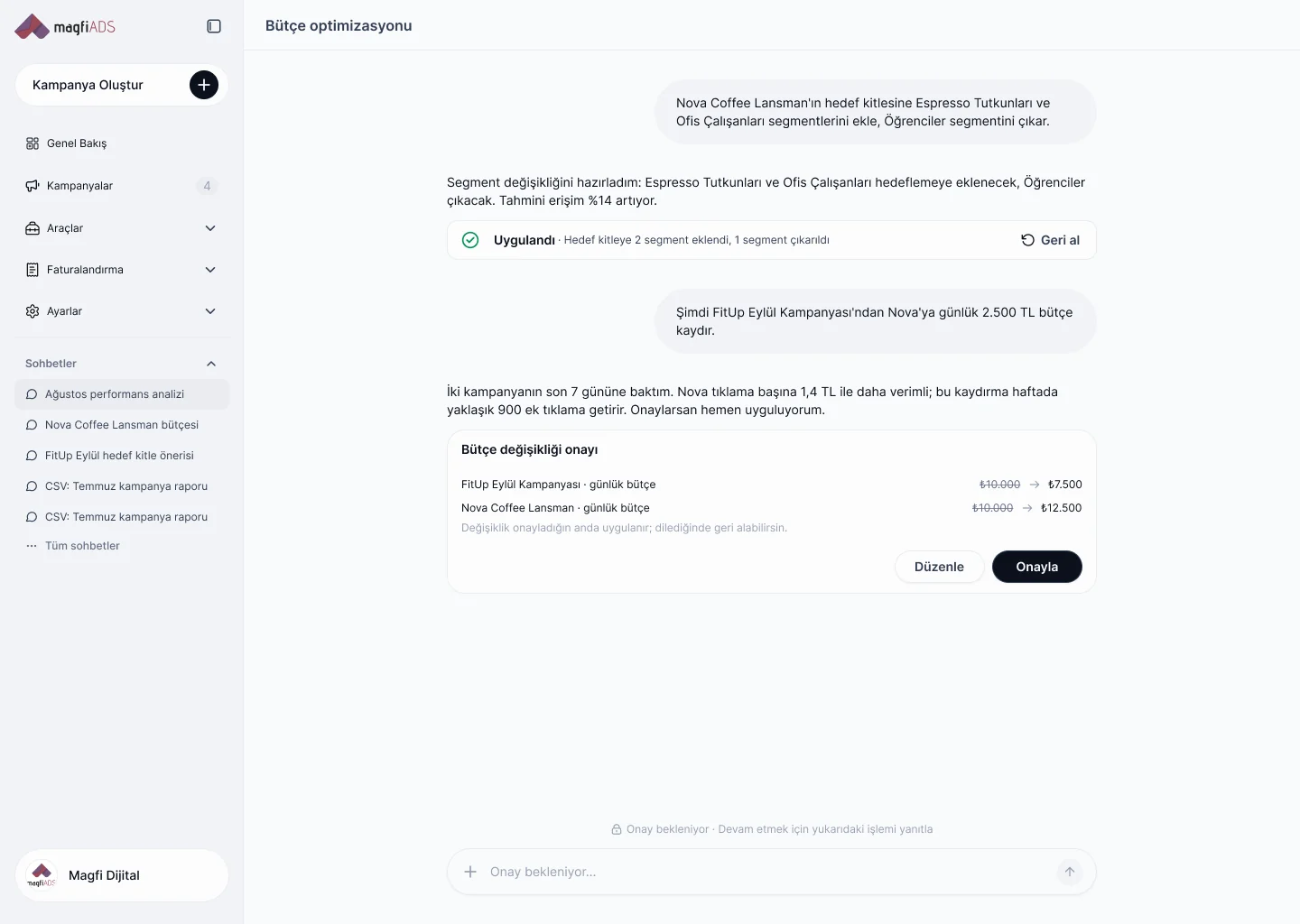 Chat cu agentul AI din Magfi Ads, cu un card de aprobare pentru modificarea bugetului care arată bugetele zilnice vechi și noi
