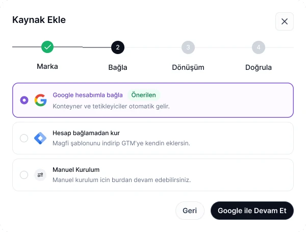 Configurarea urmăririi conversiilor în Magfi Ads cu opțiunile Google Tag Manager: conectarea unui cont Google, instalarea fără cont sau configurarea manuală
